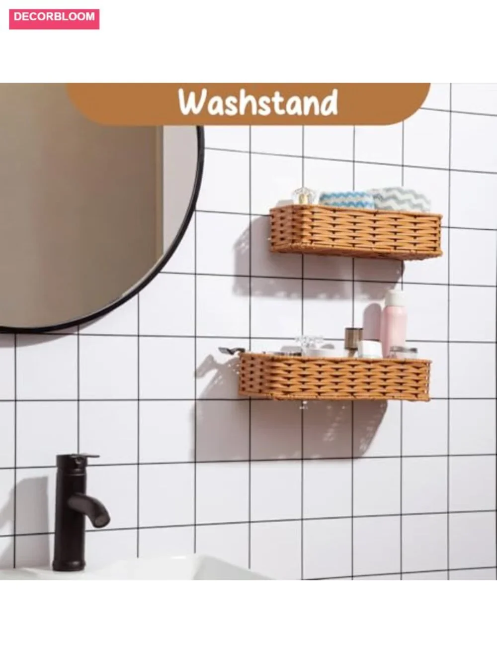 2-Pack Adhesive Wall-Mounted Wicker Baskets, Plastic Storage Organizer for